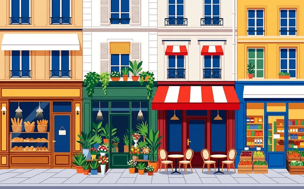 Illustration : une rue de commerces de quartier, boulangerie, fleuriste, café et épicerie