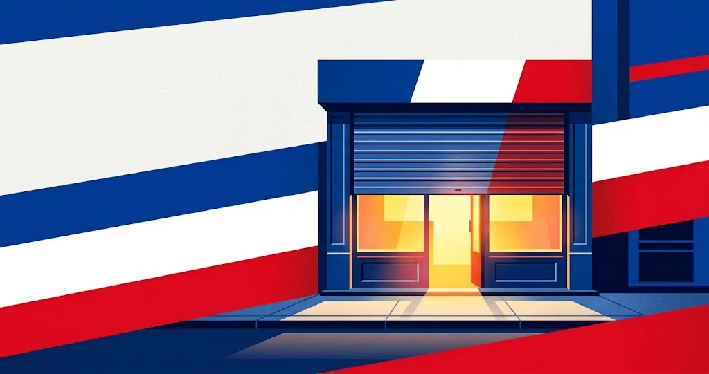 Illustration : une vitrine aux couleurs de la France, rideau à moitié relevé et lumière allumée